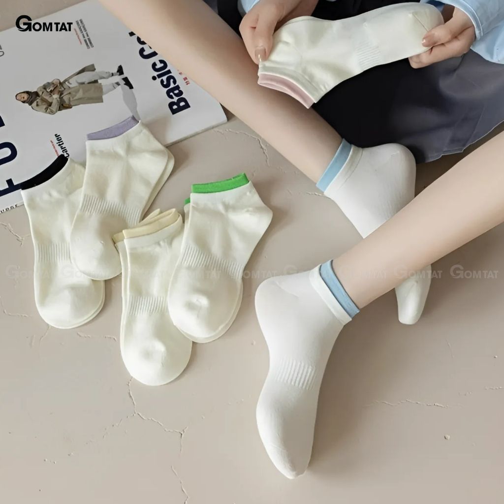 Combo 5 đôi tất chân nữ cổ ngắn chất liệu cotton cao cấp, vớ màu cho nữ mềm mại, êm chân hút ẩm thoáng khí -D16-A100-CB5
