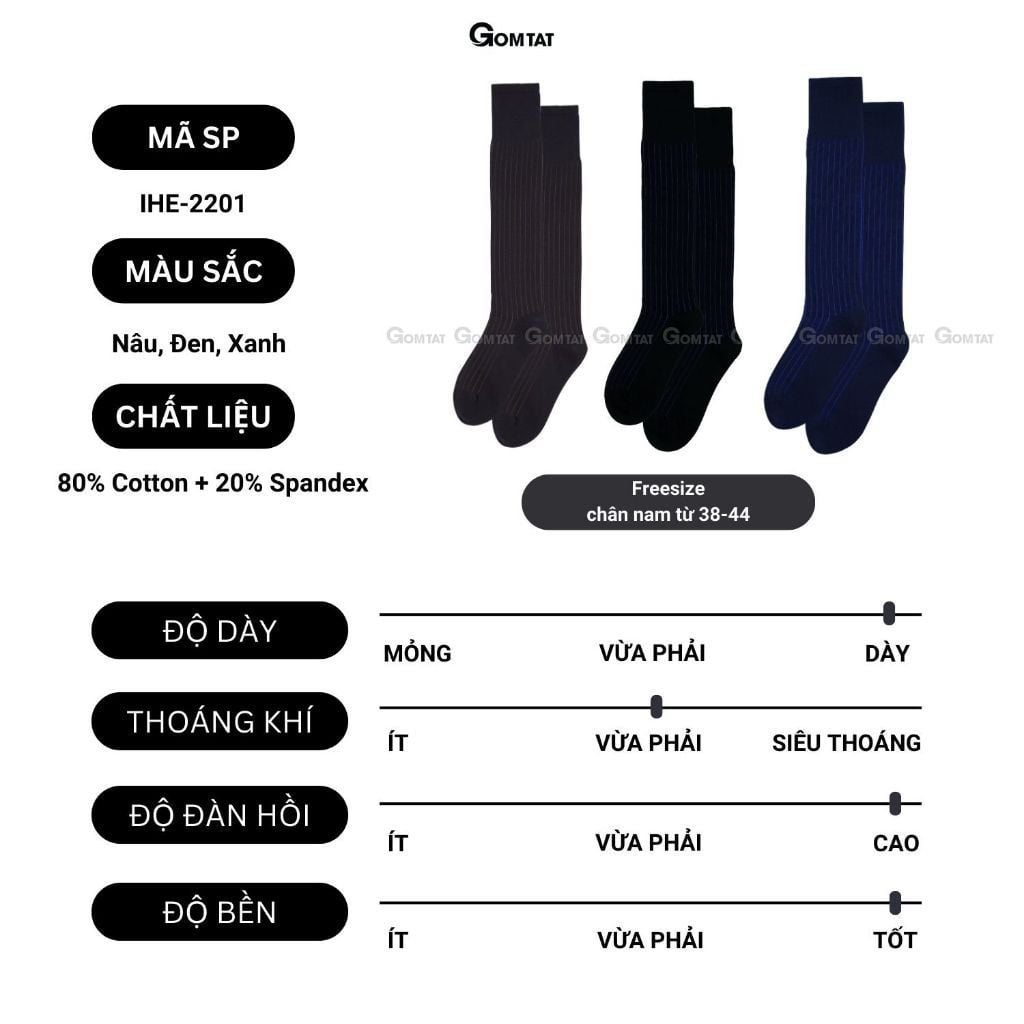 Hộp 3 đôi tất nam công sở GOMTAT cao cấp, chất liệu cotton mềm mịn, khử mùi thoáng khí êm chân - IHE-2201-CB3