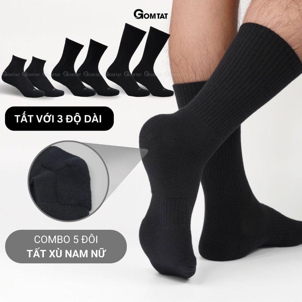 Combo 5 đôi tất đen nam nữ GOMTAT có đệm xù êm chân, sợi cotton dày dặn, khử mùi kháng khuẩn - STA-5009-CB5