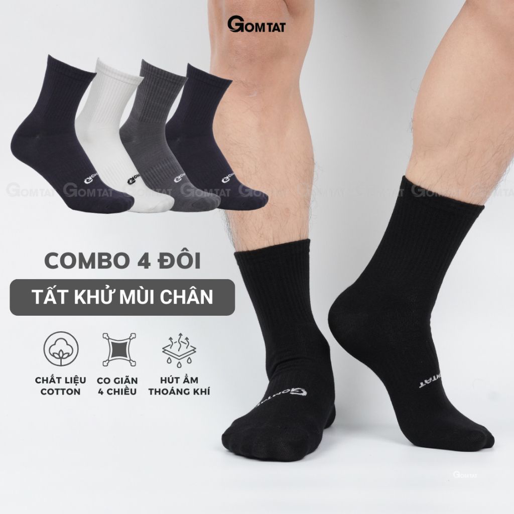 Hộp 4 đôi tất cổ lửng sợi tre nam GOMTAT cao cấp, vớ nam co giãn êm chân - GOMTAT-TRECAO-CB4