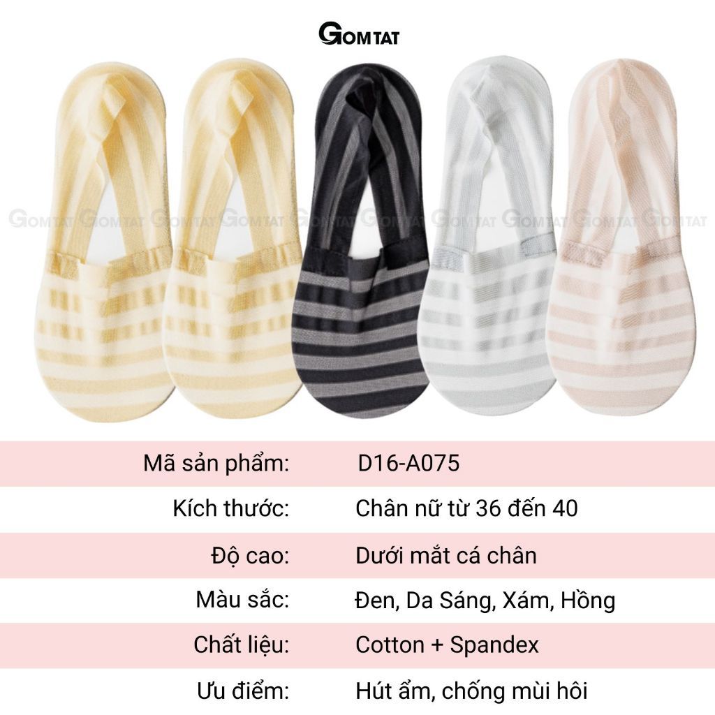 Set 5 đôi tất tàng hình nữ GOMTAT cao cấp, chất liệu cotton mềm mịn, hút ẩm thoáng khí êm chân - D16-A075-CB5