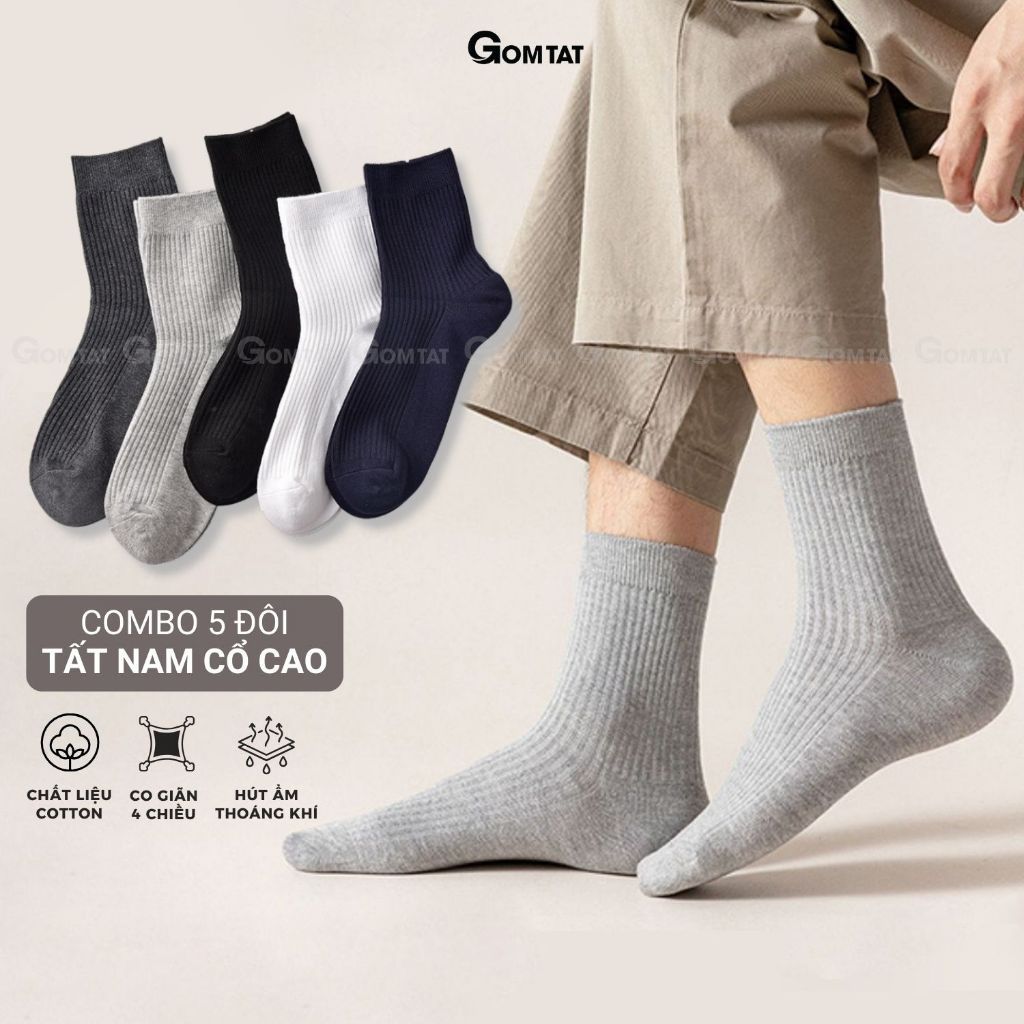 Set 5 đôi tất vớ nam cổ cao GOMTAT, hoạ tiết gân chìm, chất liệu cotton dày dặn thoáng khí - CAOTRON-FIVE-2001-CB5