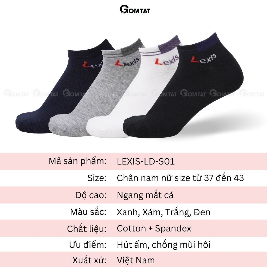 Combo 5 đôi vớ thể thao cổ ngắn nam nữ GOMTAT, tất trơn cổ ngắn vải cotton thoáng mát, không xù lông - LD-S01-LEXIS-CB5