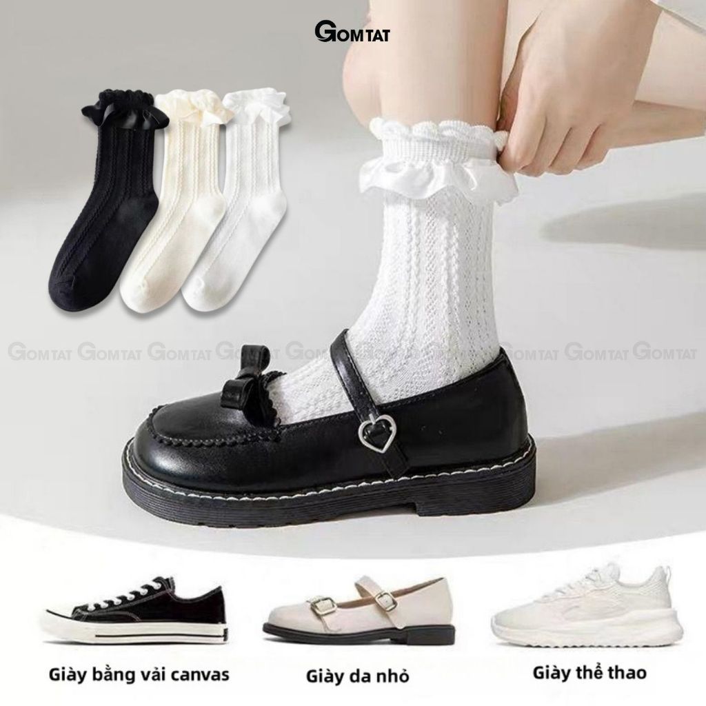 Combo 5 đôi tất lolita nữ cổ trung GOMTAT, chất liệu polyester mềm mịn, thiết kế viền ren dễ thương - HOT-1802-CB5