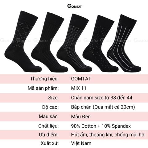  Hộp 5 đôi tất nam công sở GOMTAT mẫu MIX11, vớ đi giày tây nam chất liệu cotton cao cấp - GOM-MIX11-CB5 
