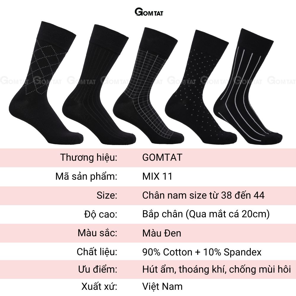 Hộp 5 đôi tất nam công sở GOMTAT mẫu MIX11, vớ đi giày tây nam chất liệu cotton cao cấp - GOM-MIX11-CB5
