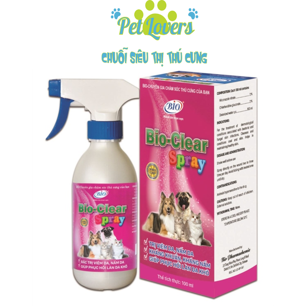 Pet Lovers - Bio Clear Spray xịt trị viêm, nấm da chó mèo 100ml