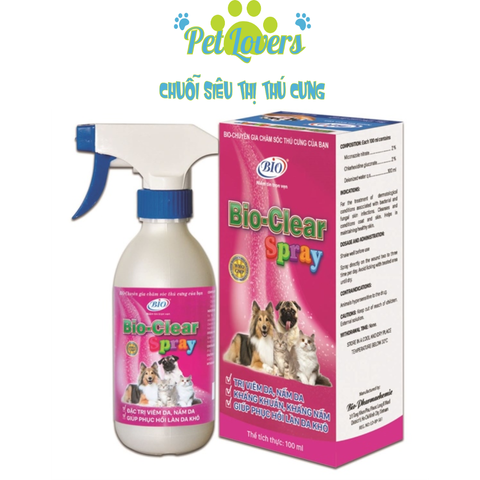 Pet Lovers - Bio Clear Spray xịt trị viêm, nấm da chó mèo 100ml