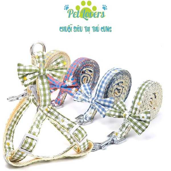 Dây dắt 1cm dài 1.2m kèm đai yếm caro nơ chó mèo vừa và nhỏ