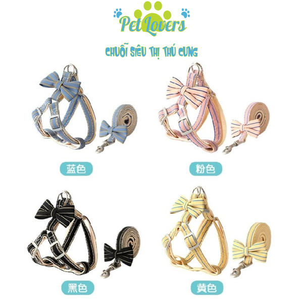 Dây dắt 1.2m kèm yếm nơ sọc bản 1.0cm chó mèo vừa và nhỏ