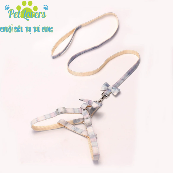 Dây dắt 1cm dài 1.2m kèm đai yếm nơ ca rô chó mèo vừa và nhỏ