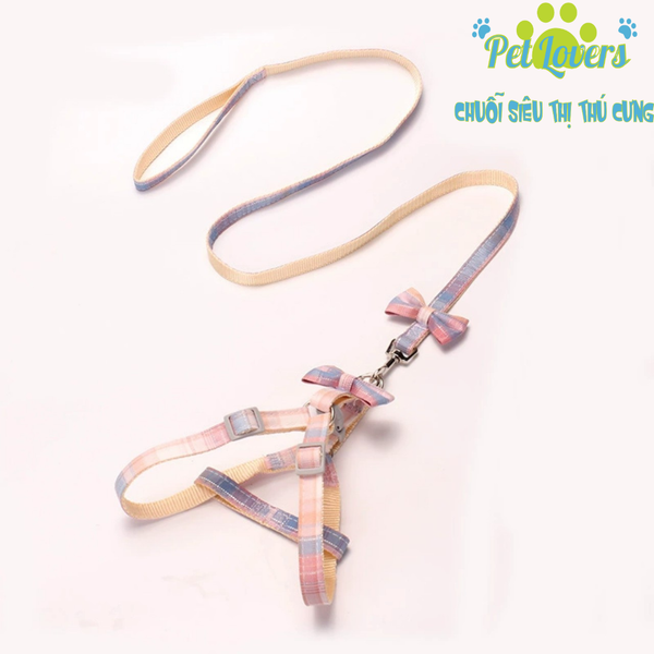 Dây dắt 1cm dài 1.2m kèm đai yếm nơ ca rô chó mèo vừa và nhỏ