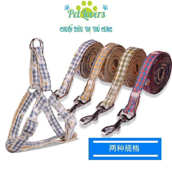 Dây dắt 1.5cm dài 1.2m kèm đai yếm caro nơ chó mèo vừa và nhỏ