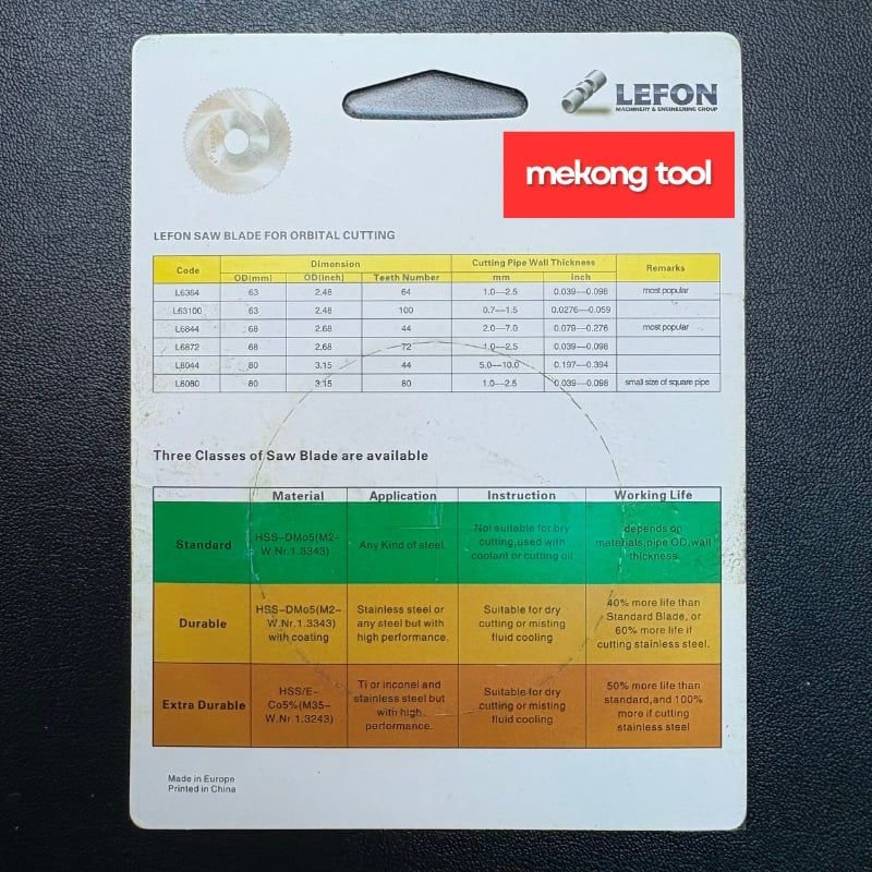 Dao cắt ống inox vi sinh orbital Lefon 6872, HSS, cắt dày 1-3 mm, lắp được Orbitec, Orbitalum, Axxair, TAG