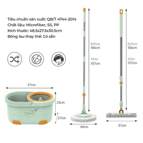 Bộ cây lau nhà thông minh 360 độ Dozzi kèm 4 bông lau