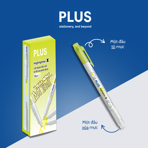 Hộp Bút Highlight Dạ Quang PLUS – 12 Cây – Có Đầu Xóa Mực, Tô Nét Rõ, Xóa Gọn Gàng
