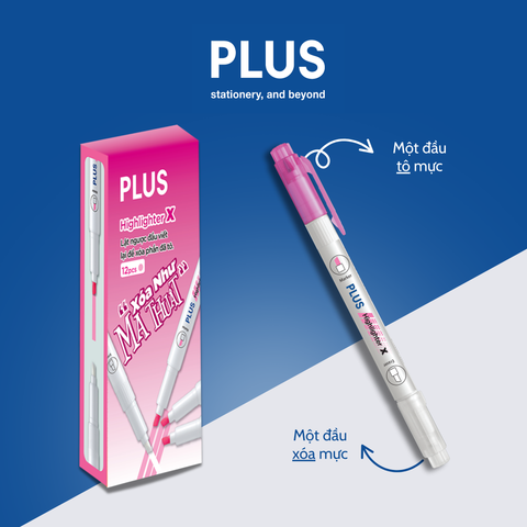 Hộp Bút Highlight Dạ Quang PLUS – 12 Cây – Có Đầu Xóa Mực, Tô Nét Rõ, Xóa Gọn Gàng