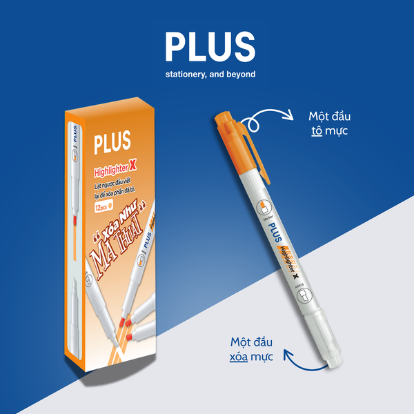Hộp Bút Highlight Dạ Quang PLUS – 12 Cây – Có Đầu Xóa Mực, Tô Nét Rõ, Xóa Gọn Gàng