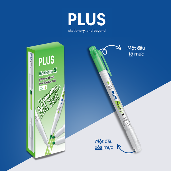 Hộp Bút Highlight Dạ Quang PLUS – 12 Cây – Có Đầu Xóa Mực, Tô Nét Rõ, Xóa Gọn Gàng