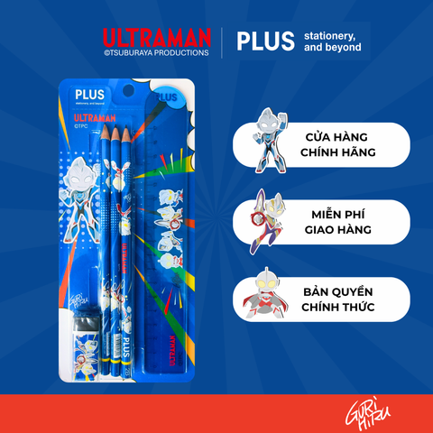 Set Ultraman 3 bút chì + gôm + thước – Bản quyền Nhật Bản, thiết kế tiện dụng