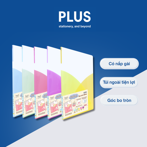 Bìa Đựng Hồ Sơ PLUS Pasty – 10 Lá, Có 2 Túi Cài, Bo Góc An Toàn