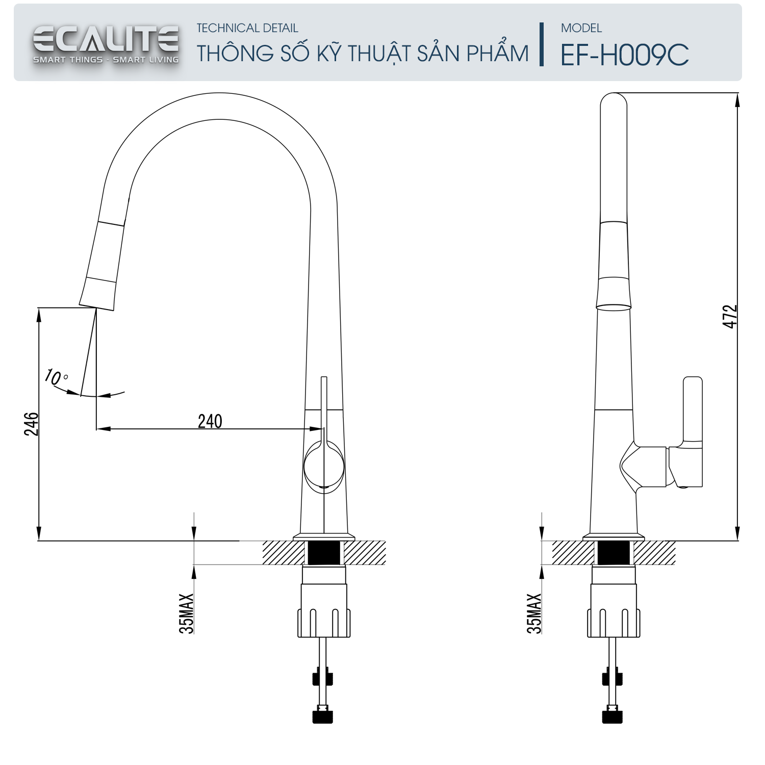 Vòi rửa chén nóng lạnh Kitchen Mixer Ecalite EF-H009C – ảnh 2
