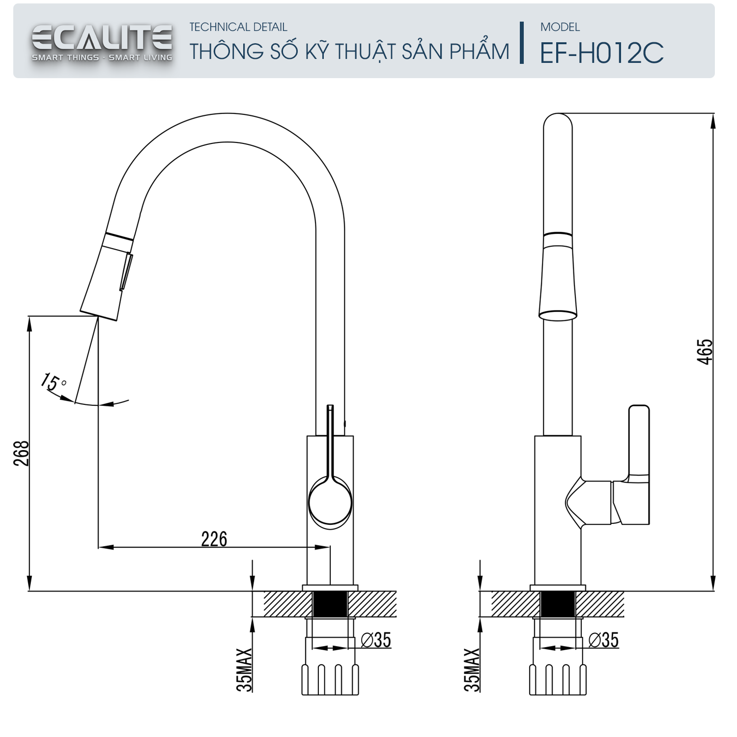 Vòi rửa chén nóng lạnh Kitchen Mixer Ecalite EF-H012C – ảnh 2
