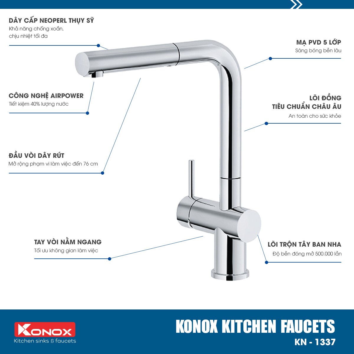 Vòi Rửa Chén Dây Rút Konox KN1337 – ảnh 3