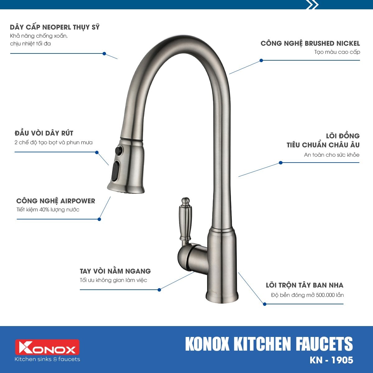 Vòi Rửa Chén Dây Rút Konox KN1905 – ảnh 6