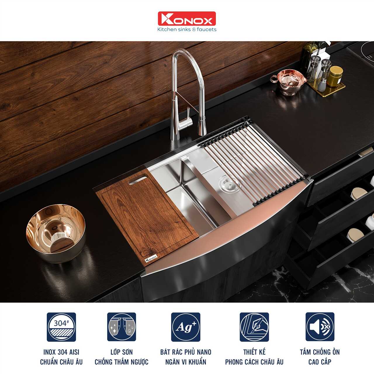 Chậu Rửa Chén 2 Hộc Apron sink Konox KN8450DA – ảnh 4