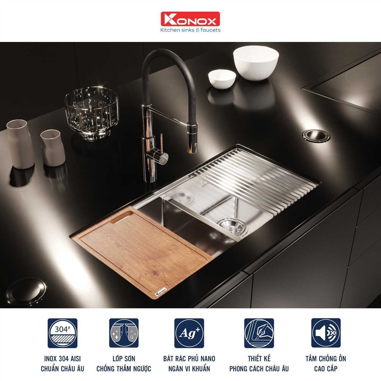 Chậu Rửa Chén 2 Hộc Undermount sink Konox KN8745DUB – ảnh 4