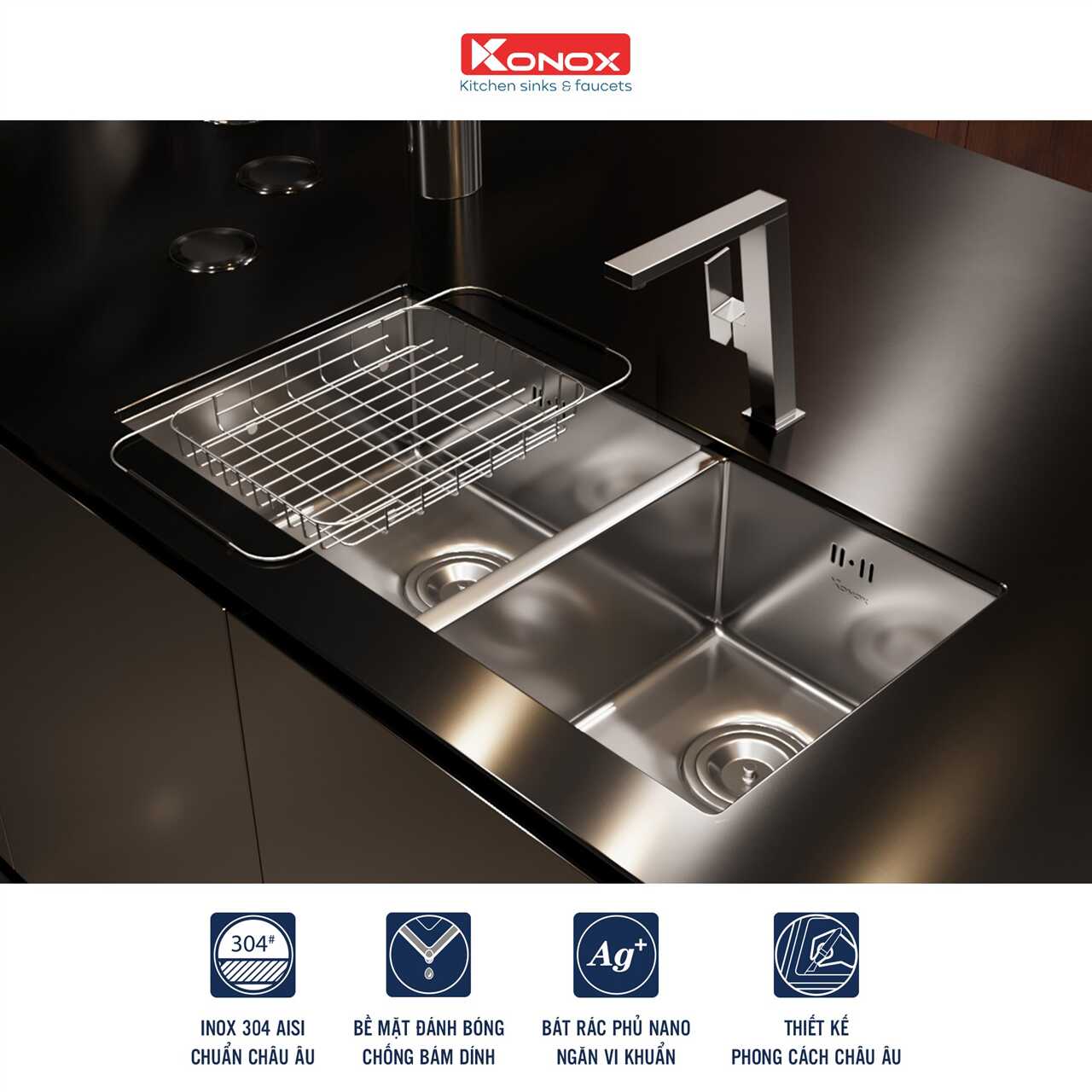 Chậu Rửa Chén 2 Hộc Undermount sink Konox KN8144DU – ảnh 4