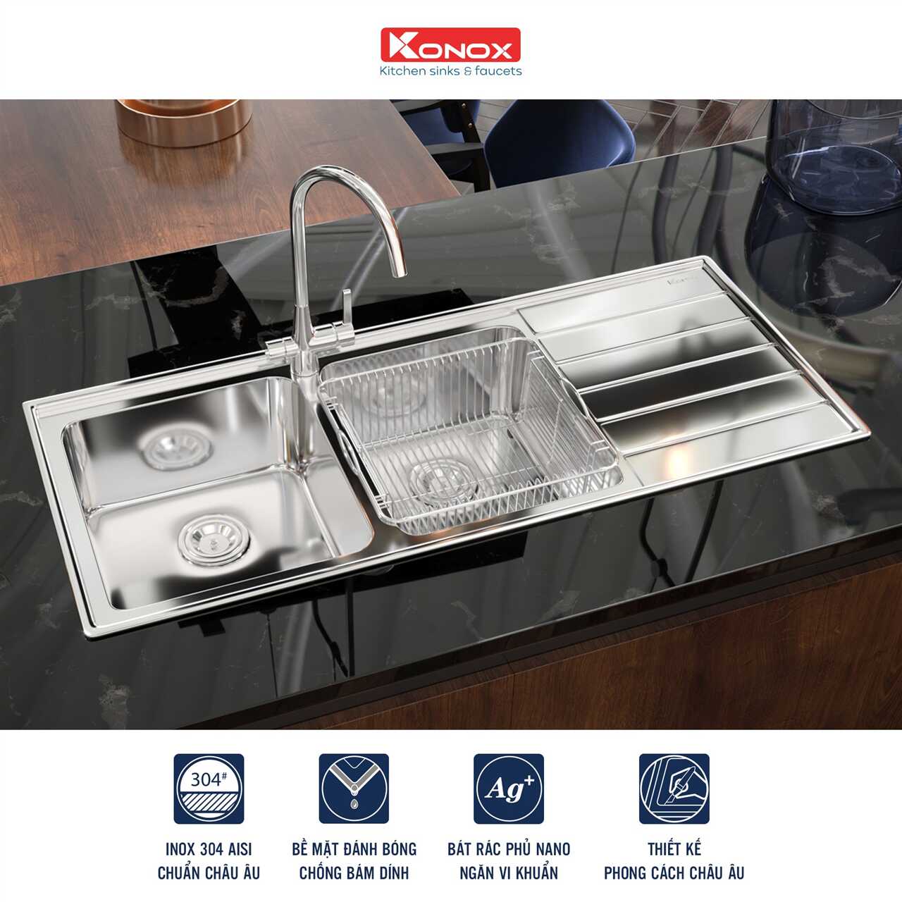 Chậu Rửa Chén 2 Hộc 1 Cánh (Trái Hoặc Phải) Premium Konox KS11650 2B – ảnh 4