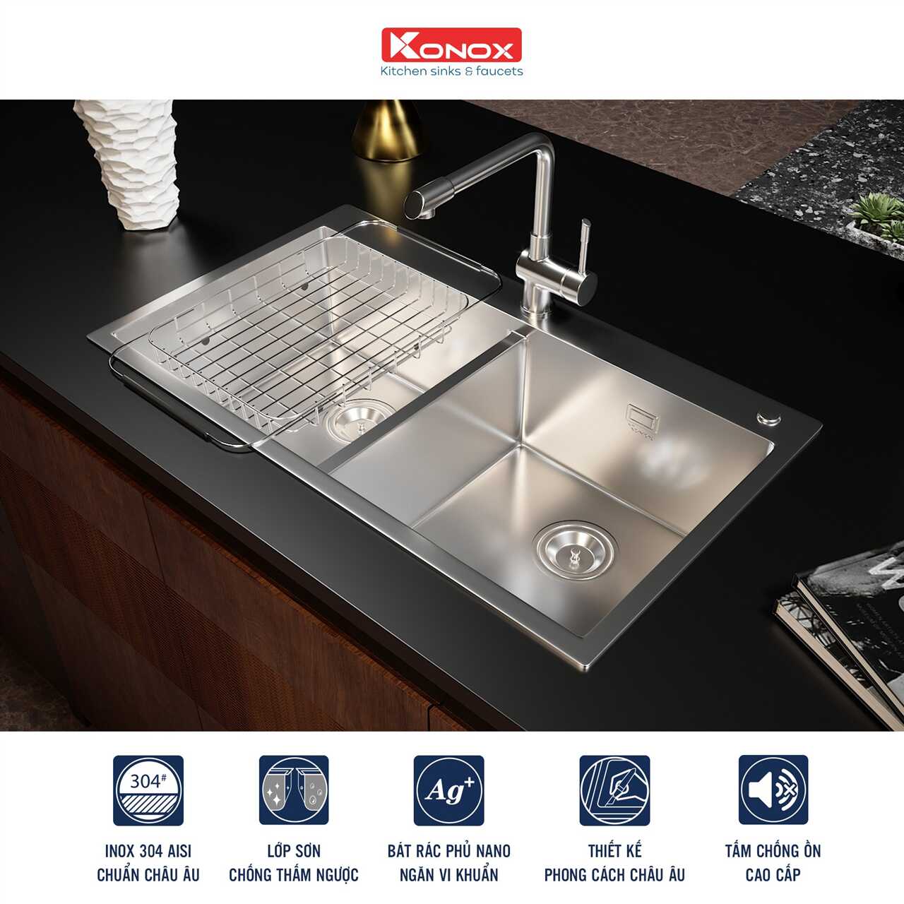 Chậu Rửa Chén 2 Hộc Overmount sink Konox KN8248DOB – ảnh 5