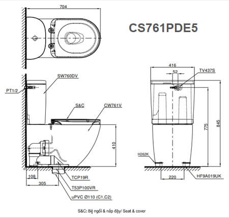 Bàn Cầu Hai Khối ToTo CS761PDE5#XW – ảnh 2