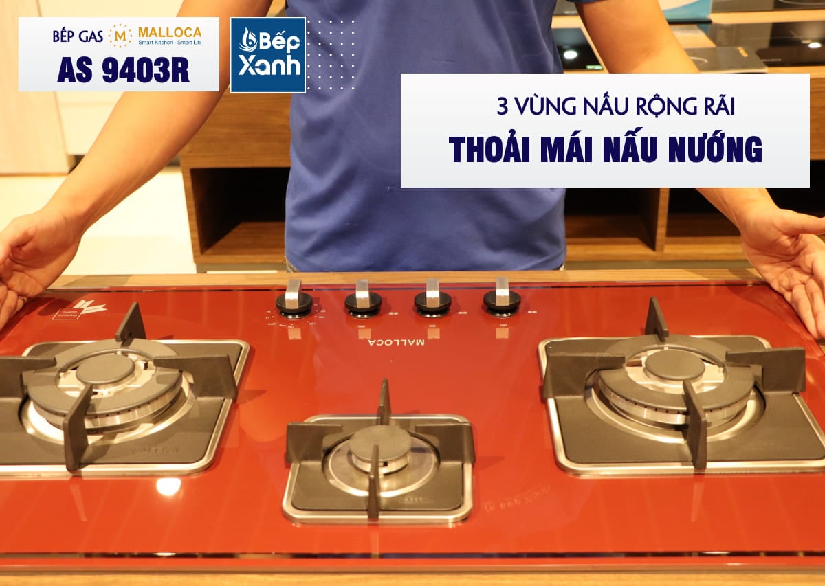 Bếp gas âm 3 vùng nấu MALLOCA AS 9403R/ Màu đỏ - Ba vùng nấu và chế độ hâm của AS 9403R Bếp gas âm 3 vùng nấu MALLOCA AS 9403R/ Màu đỏ - Ba vùng nấu và chế độ hâm của AS 9403R