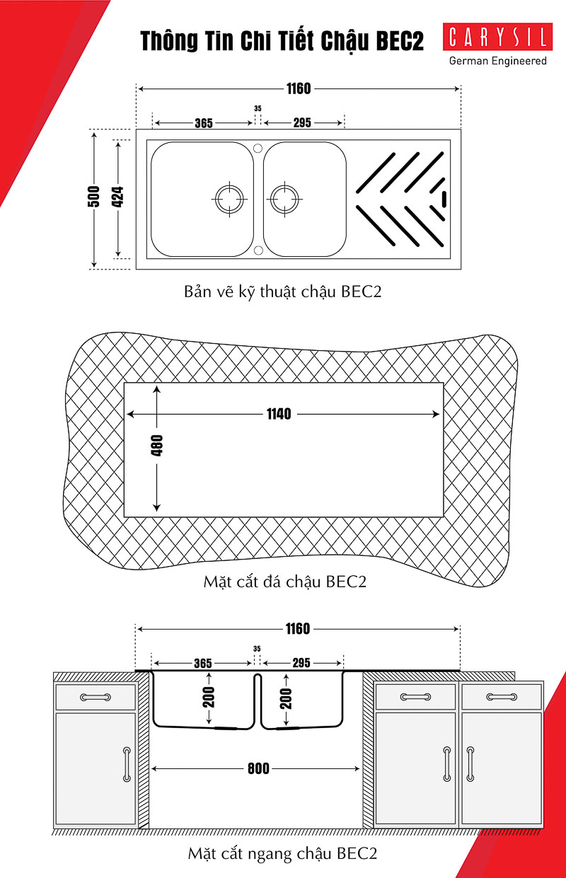 Chậu Rửa Bằng Đá Nhân Tạo Carysil BEC2 – ảnh 3