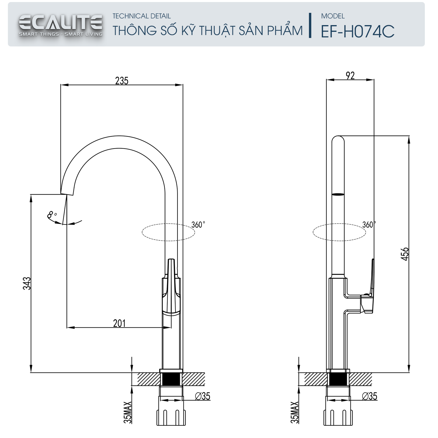 Vòi rửa chén nóng lạnh Kitchen Mixer Ecalite EF-H074C – ảnh 2
