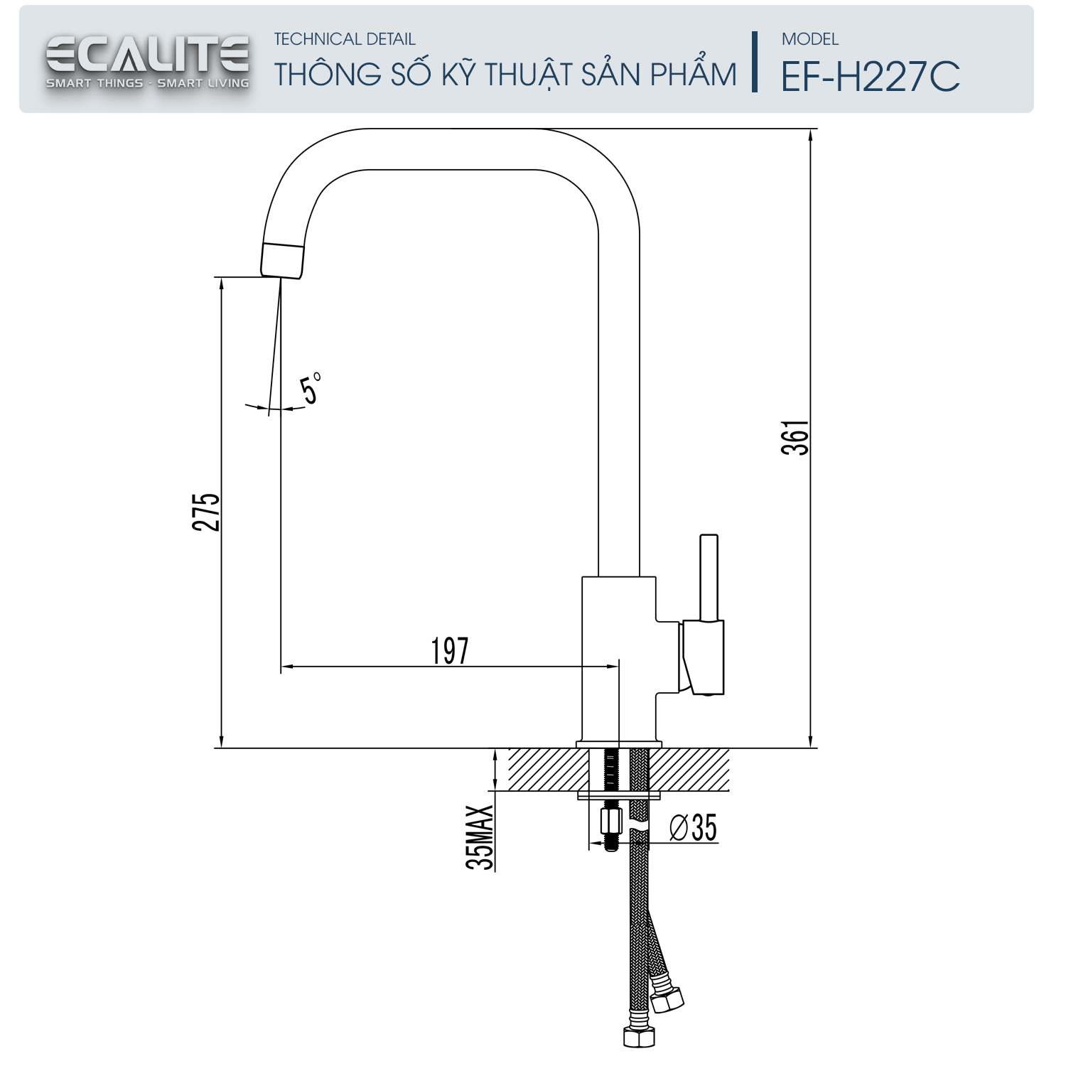 Vòi rửa chén nóng lạnh Kitchen Mixer Ecalite EF-H227C – ảnh 2