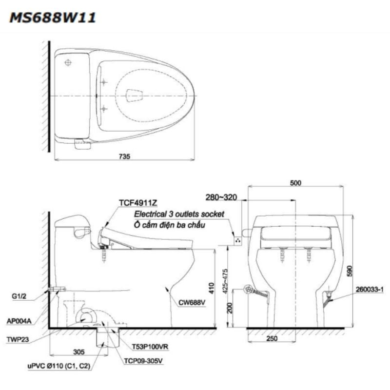 Bàn Cầu Một Khối ToTo MS688W11#XW – ảnh 2