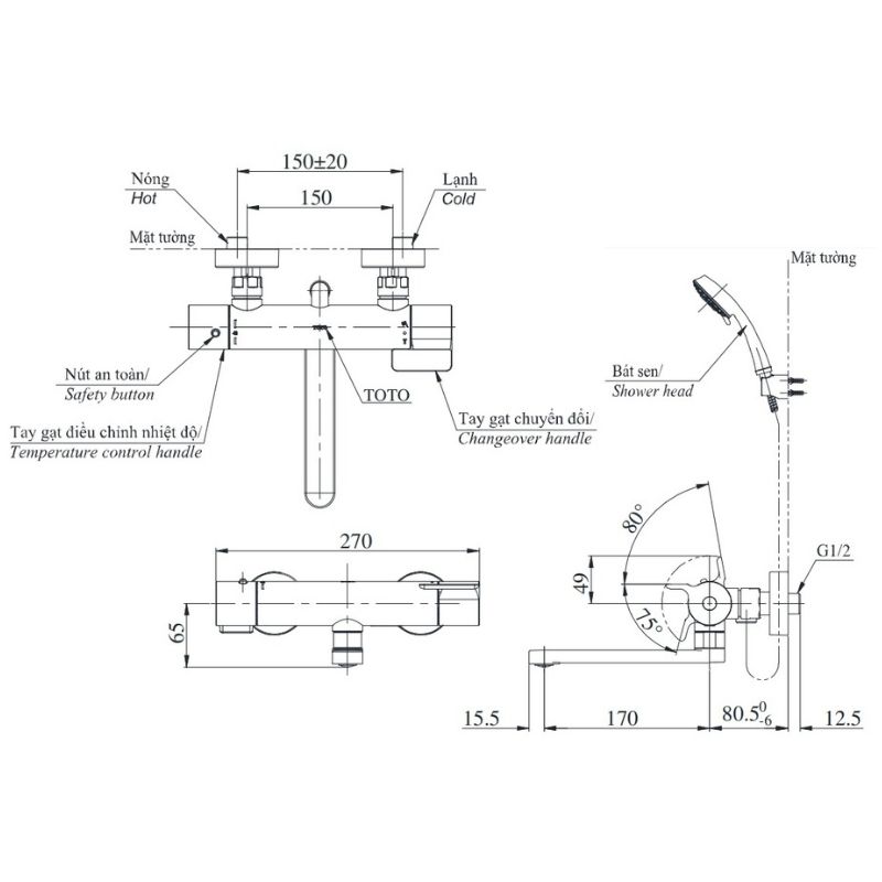 Bộ Sen Tắm Nhiệt Độ ToTo TBV03427V/TBW03002B – ảnh 2