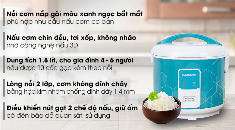 Nồi cơm nắp gài Sunhouse 1.8 lít SHD8622G – ảnh 2