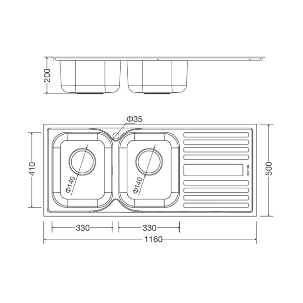 Chậu rửa chén Inox Malloca MS 1025R NEW - Thông số MS 1025R NEW: dài 1160 mm, lỗ đá 1138 x 478 mm Chậu rửa chén Inox Malloca MS 1025R NEW - Thông số MS 1025R NEW: dài 1160 mm, lỗ đá 1138 x 478 mm