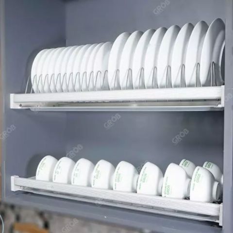 Giá bát đĩa cố định 2 tầng khung nhôm inox bóng tủ 600 Grob GS-160