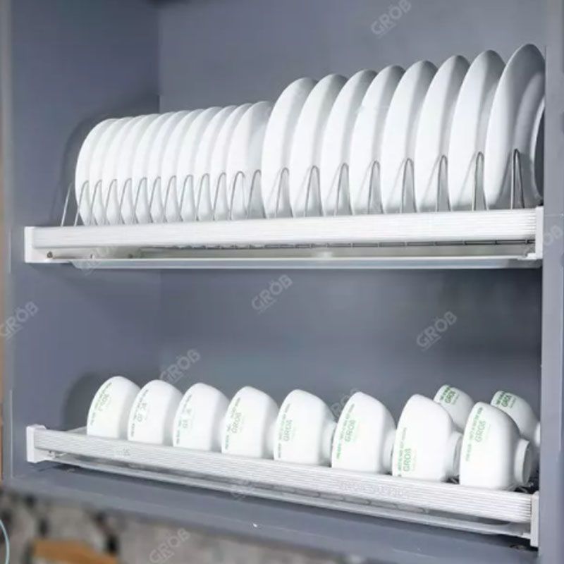 Giá bát đĩa cố định 2 tầng khung nhôm inox bóng tủ 600 Grob GS-160