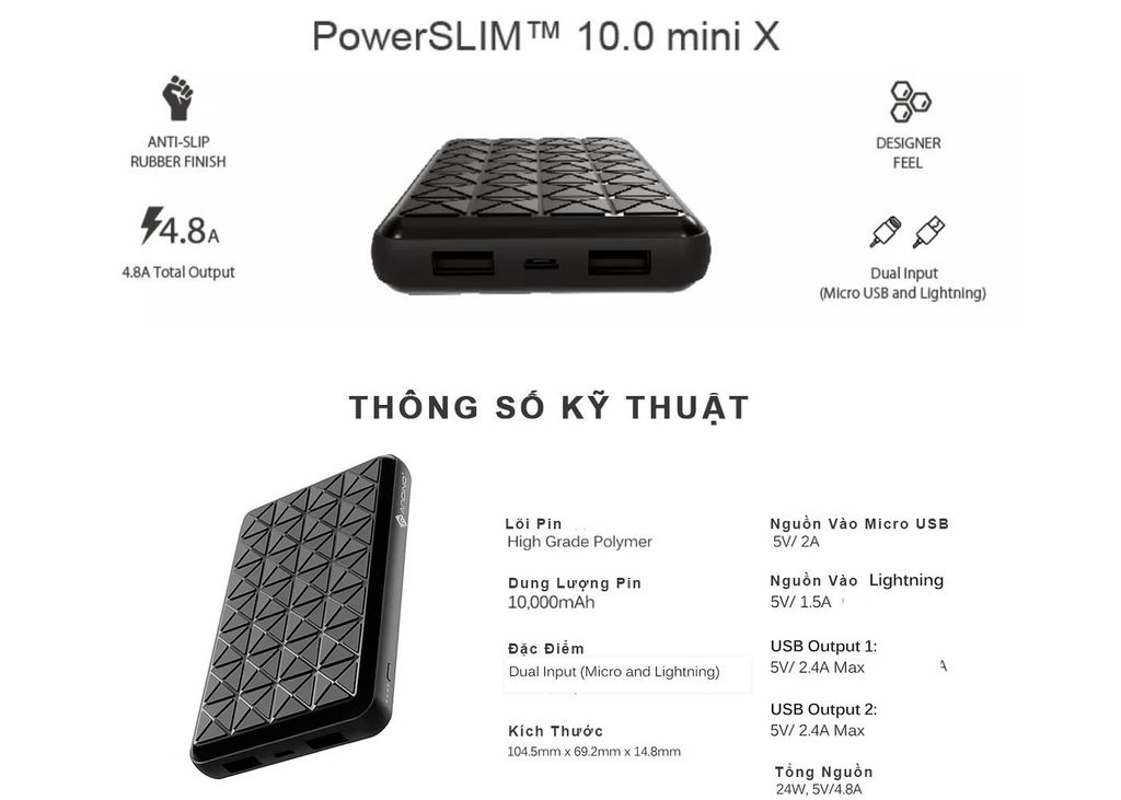 Pin Sạc Dự Phòng Andino PowerSLIM 10.0 Mini