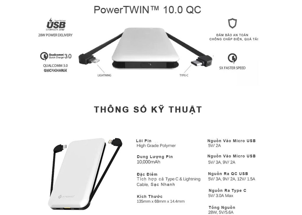 Pin Sạc Dự Phòng Andino PowerTWIN™ 10.0 QC
