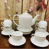  Bộ ấm Chén Uống Trà Màu Trắng Kẻ chỉ vàng 