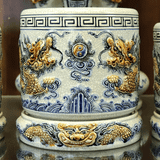  Bát Hương Song Long Chầu Nguyệt Men Rạn Đắp Nổi 