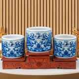  Bát Hương Song Long Chầu Nguyệt-Nền Gấm Men Lam 